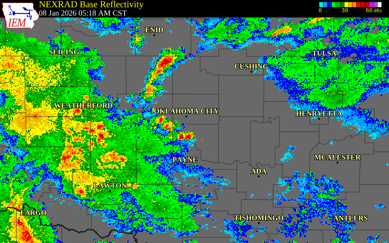 NEXRAD radar during the Thursday, January 8, 2026 storm activity in Lincoln County, Oklahoma