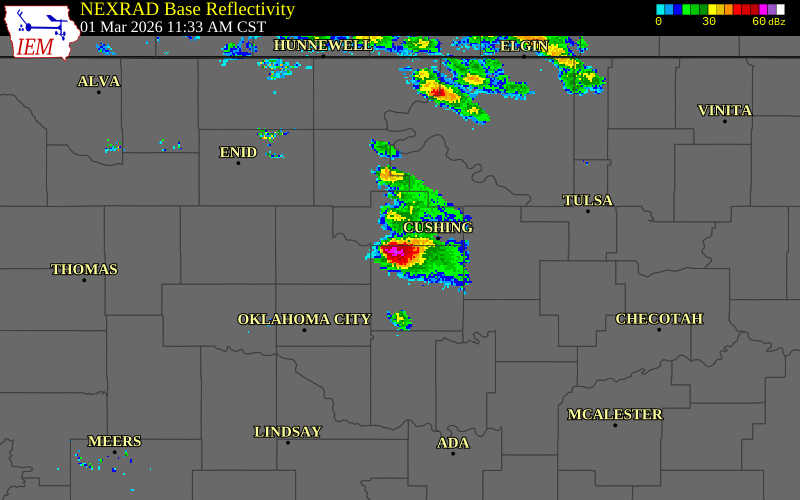 NEXRAD radar during the Sunday, March 1, 2026 storm activity in Lincoln County, Oklahoma