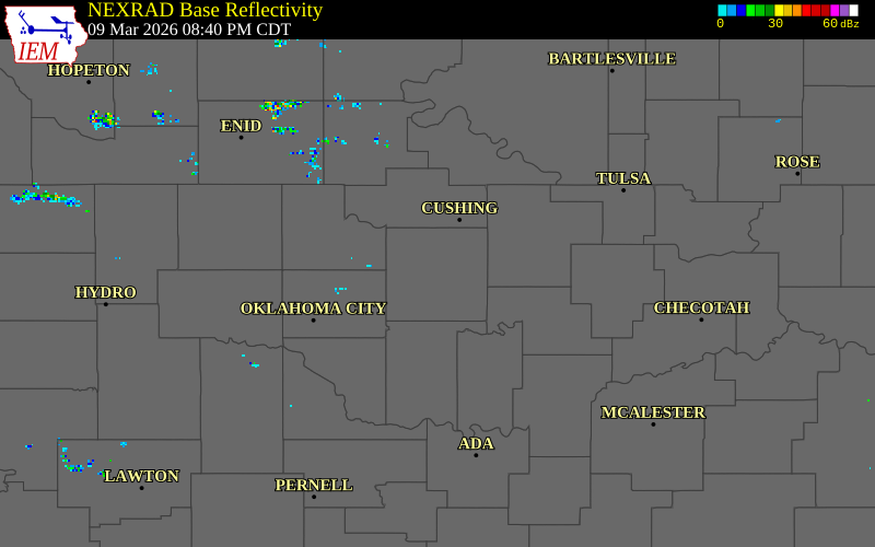 NEXRAD radar during the Monday, March 9, 2026 storm activity in Lincoln County, Oklahoma