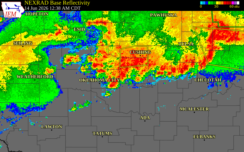 NEXRAD radar during the Sunday, June 14, 2026 storm activity in Lincoln County, Oklahoma
