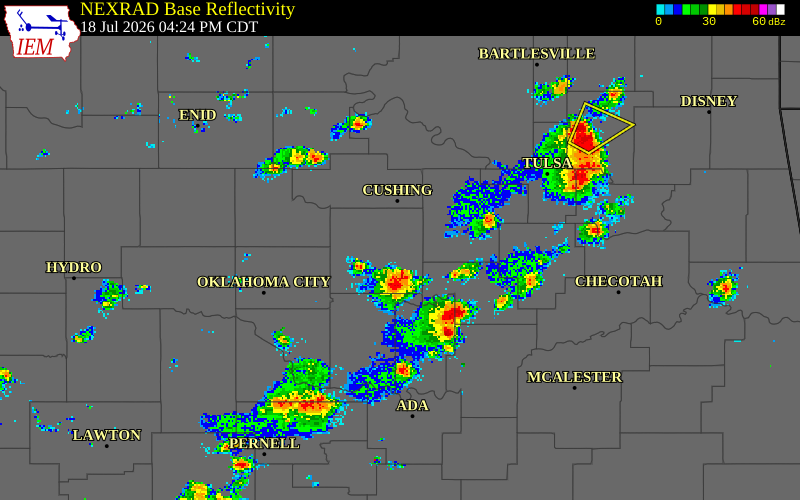 NEXRAD radar during the Saturday, July 18, 2026 storm activity in Lincoln County, Oklahoma