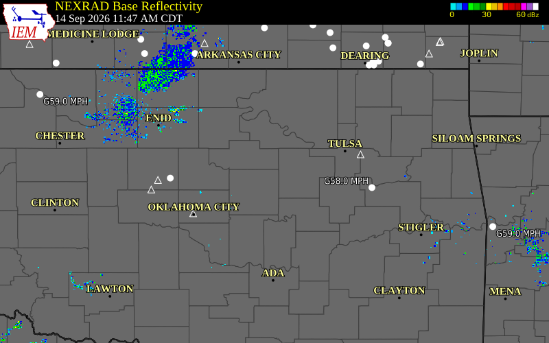 Current NEXRAD radar over Lincoln County, Oklahoma with recent storm report locations