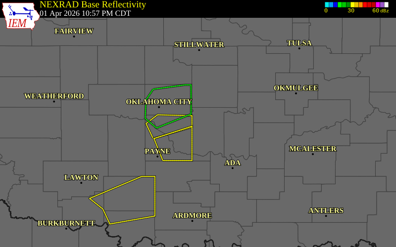 NEXRAD radar during the Wednesday, April 1, 2026 storm activity in Logan County, Oklahoma