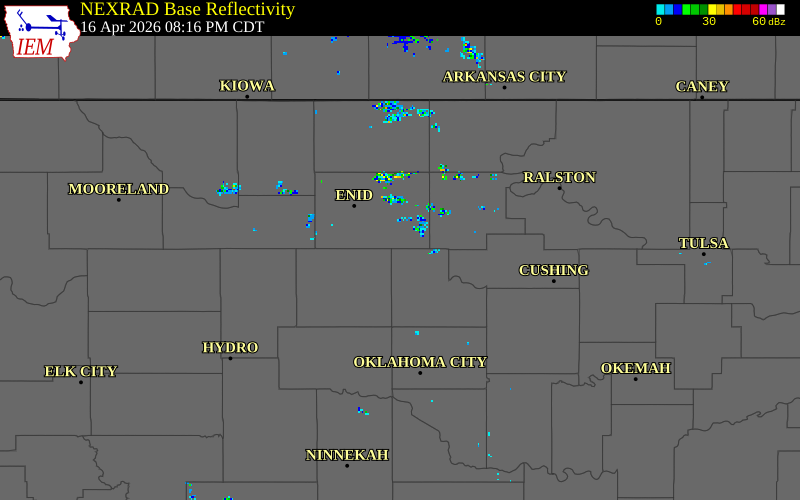 NEXRAD radar during the Thursday, April 16, 2026 storm activity in Logan County, Oklahoma