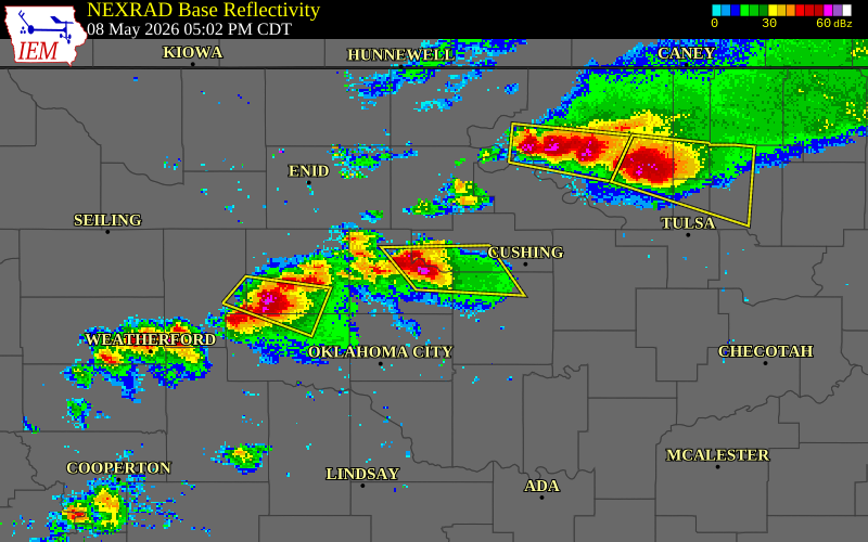 NEXRAD radar during the Friday, May 8, 2026 storm activity in Logan County, Oklahoma