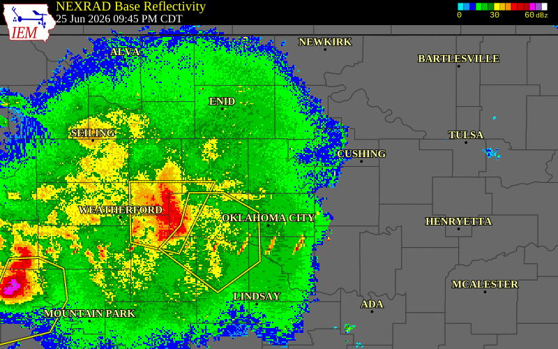 NEXRAD radar during the Thursday, June 25, 2026 storm activity in Logan County, Oklahoma