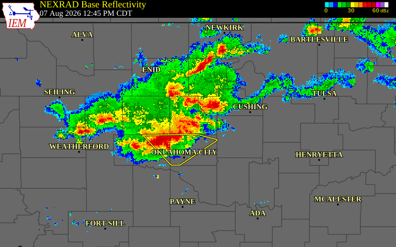 NEXRAD radar during the Friday, August 7, 2026 storm activity in Logan County, Oklahoma