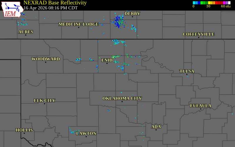 Radar snapshot during the Apr 16, 2026 hail event near Marshall, Logan County, Oklahoma, with NWS warning polygons