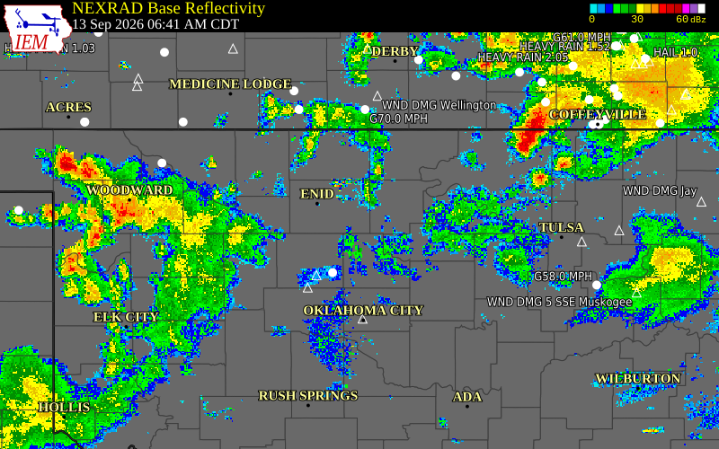 Current NEXRAD radar over Logan County, Oklahoma with recent storm report locations