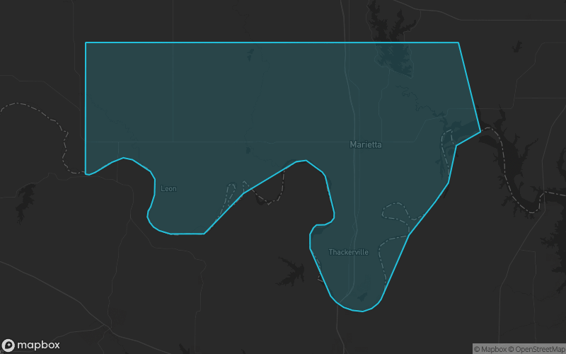Map of Love County, Oklahoma showing the county boundary and surrounding cities