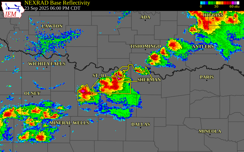 NEXRAD radar during the Tuesday, September 23, 2025 storm activity in Love County, Oklahoma