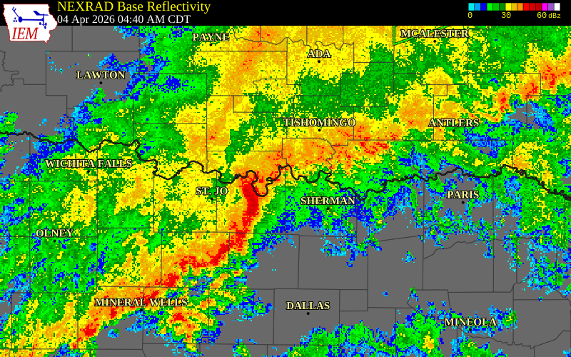 NEXRAD radar during the Saturday, April 4, 2026 storm activity in Love County, Oklahoma