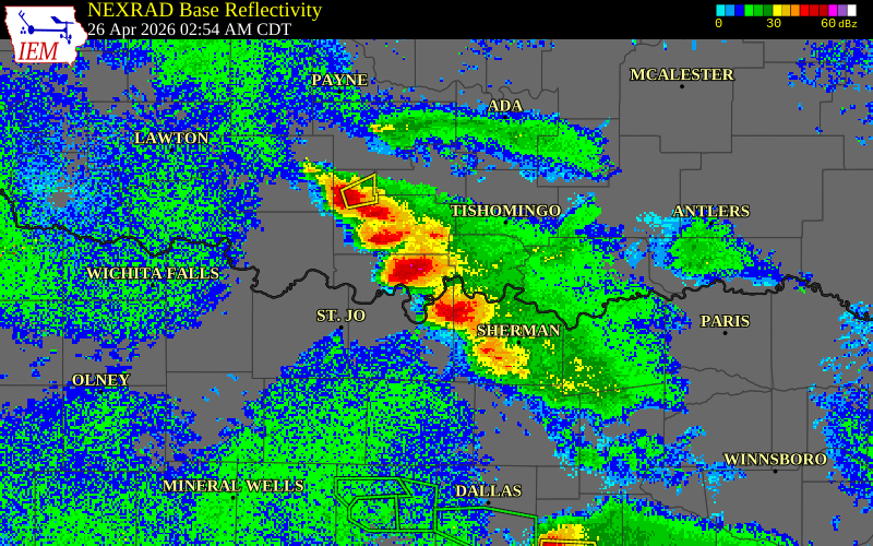 NEXRAD radar during the Sunday, April 26, 2026 storm activity in Love County, Oklahoma