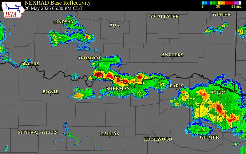 NEXRAD radar during the Tuesday, May 26, 2026 storm activity in Love County, Oklahoma