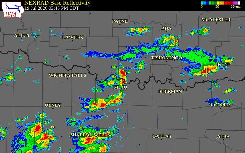 NEXRAD radar during the Sunday, July 19, 2026 storm activity in Love County, Oklahoma