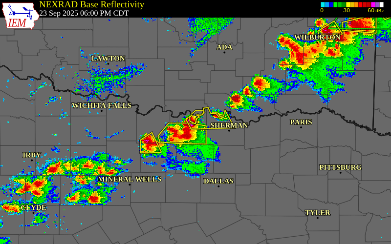 Radar snapshot during the Sep 23, 2025 hail event near 4 SE Thackerville, Love County, Oklahoma, with NWS warning polygons