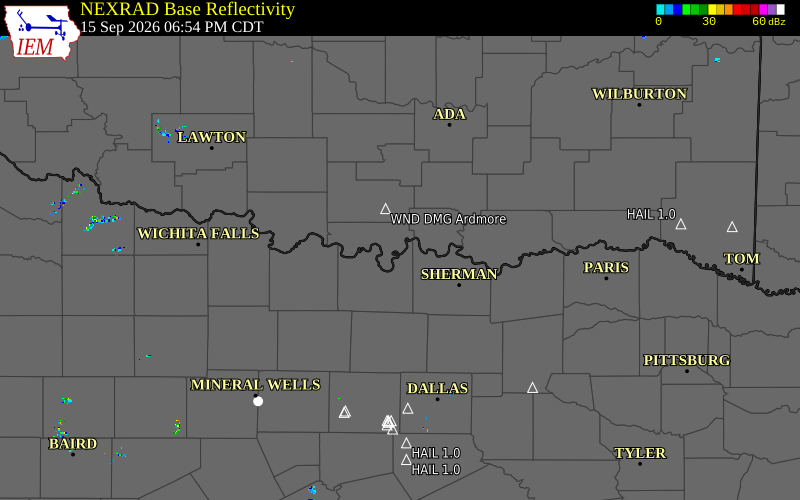 Current NEXRAD radar over Love County, Oklahoma with recent storm report locations