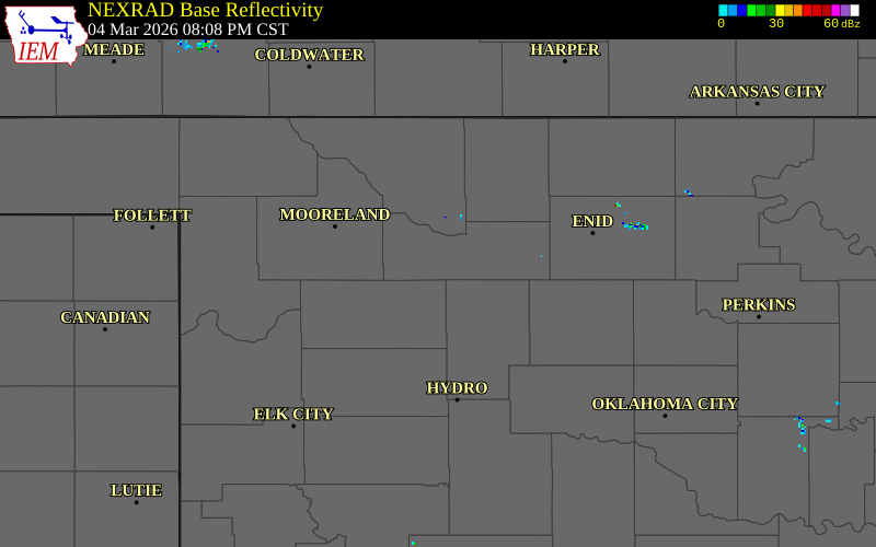 NEXRAD radar during the Wednesday, March 4, 2026 storm activity in Major County, Oklahoma