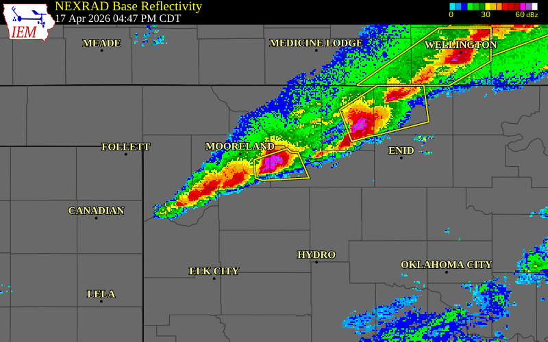 NEXRAD radar during the Friday, April 17, 2026 storm activity in Major County, Oklahoma