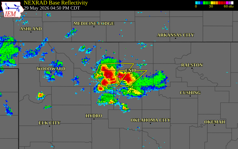 NEXRAD radar during the Friday, May 29, 2026 storm activity in Major County, Oklahoma