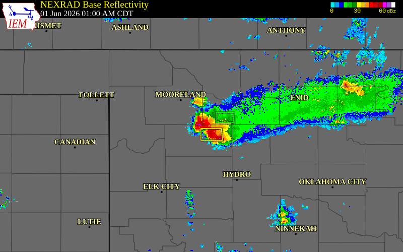 NEXRAD radar during the Monday, June 1, 2026 storm activity in Major County, Oklahoma