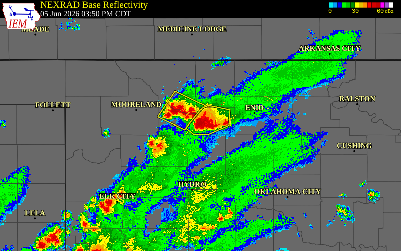 NEXRAD radar during the Friday, June 5, 2026 storm activity in Major County, Oklahoma