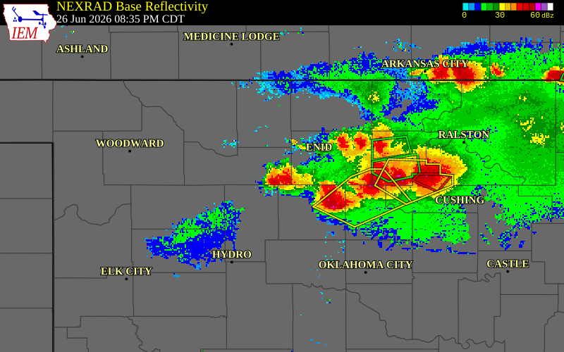 NEXRAD radar during the Friday, June 26, 2026 storm activity in Major County, Oklahoma