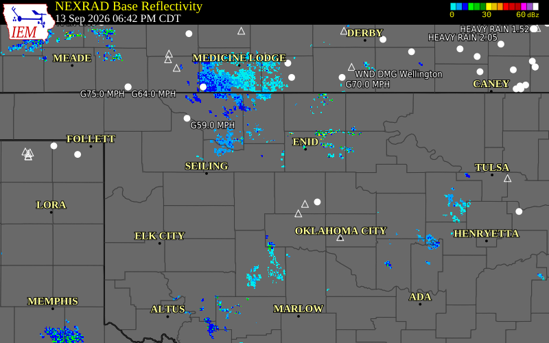 Current NEXRAD radar over Major County, Oklahoma with recent storm report locations