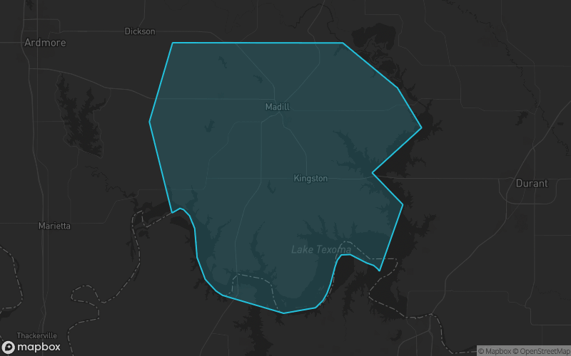 Map of Marshall County, Oklahoma showing the county boundary and surrounding cities