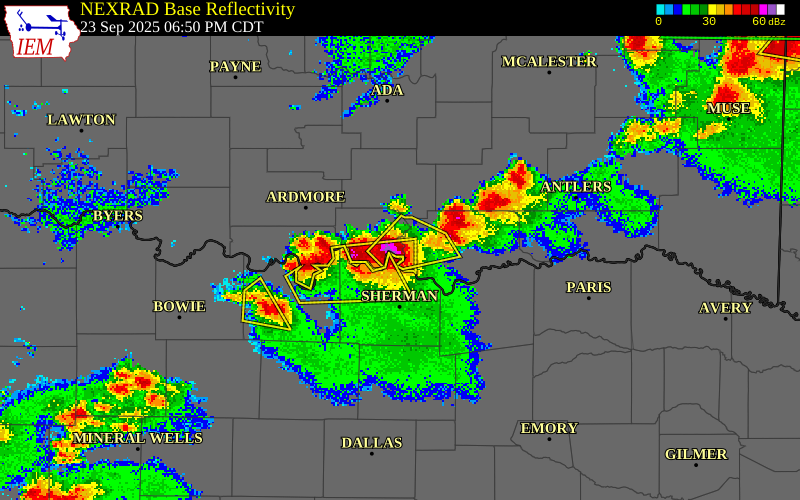 NEXRAD radar during the Tuesday, September 23, 2025 storm activity in Marshall County, Oklahoma