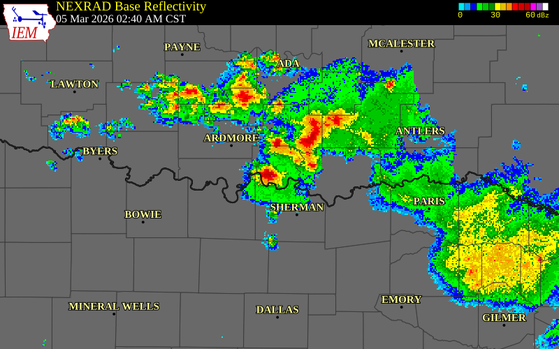 NEXRAD radar during the Thursday, March 5, 2026 storm activity in Marshall County, Oklahoma