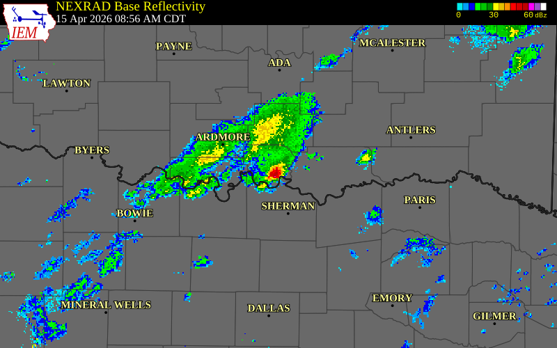 NEXRAD radar during the Wednesday, April 15, 2026 storm activity in Marshall County, Oklahoma