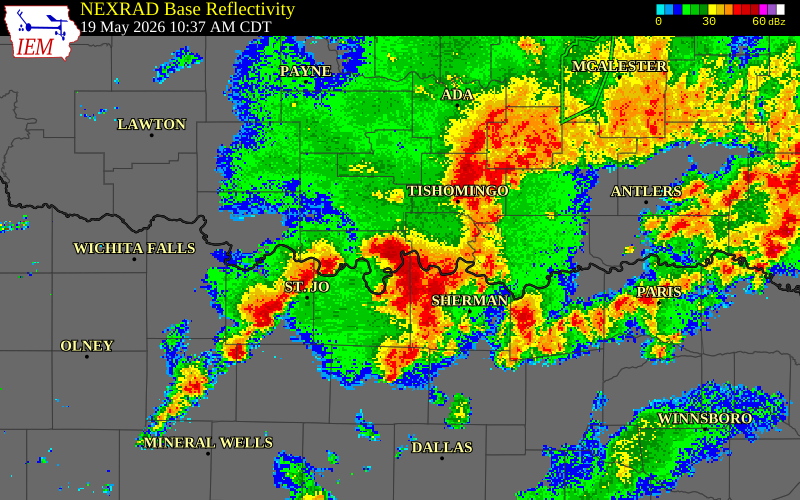 NEXRAD radar during the Tuesday, May 19, 2026 storm activity in Marshall County, Oklahoma