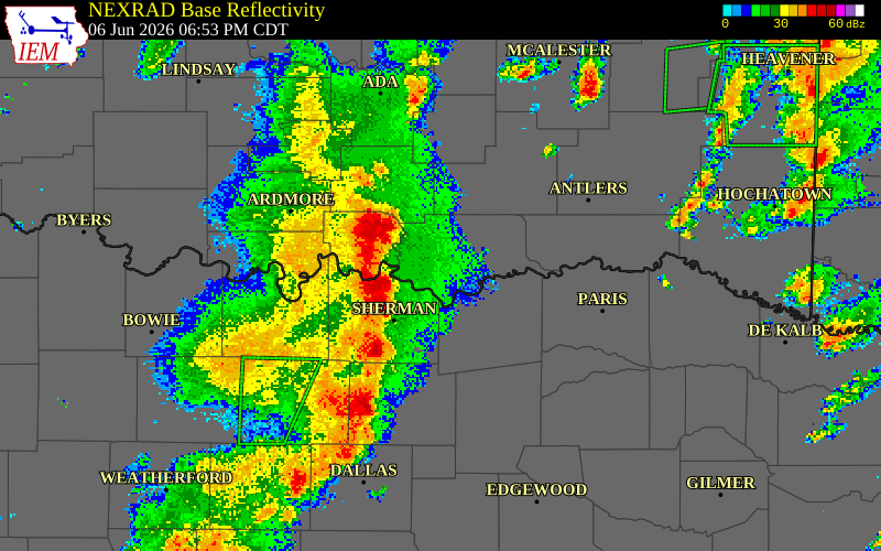 NEXRAD radar during the Saturday, June 6, 2026 storm activity in Marshall County, Oklahoma