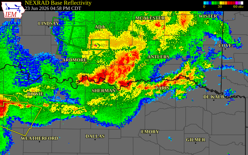 NEXRAD radar during the Tuesday, June 23, 2026 storm activity in Marshall County, Oklahoma