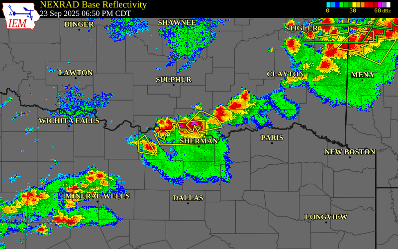 Radar snapshot during the Sep 23, 2025 hail event near 2 E Mcbride, Marshall County, Oklahoma, with NWS warning polygons