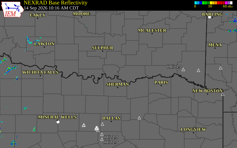 Current NEXRAD radar over Marshall County, Oklahoma with recent storm report locations