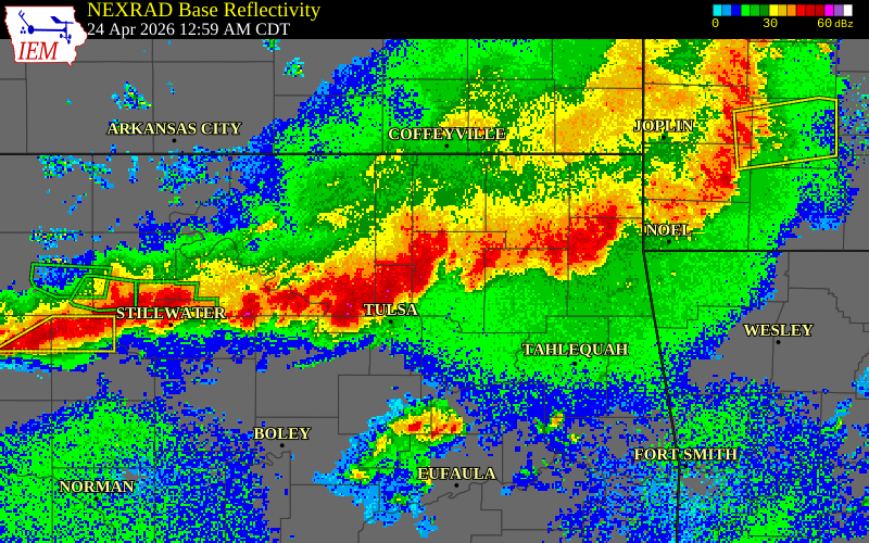 NEXRAD radar during the Friday, April 24, 2026 storm activity in Mayes County, Oklahoma