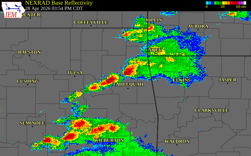 NEXRAD radar during the Tuesday, April 28, 2026 storm activity in Mayes County, Oklahoma