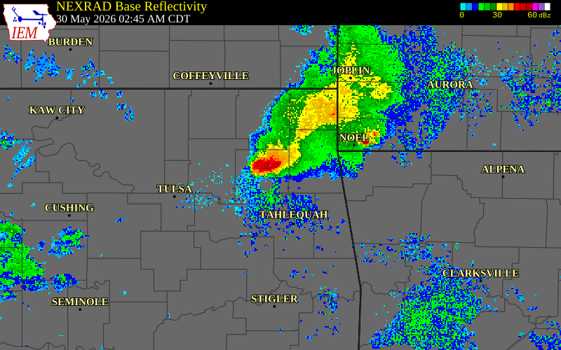 NEXRAD radar during the Saturday, May 30, 2026 storm activity in Mayes County, Oklahoma