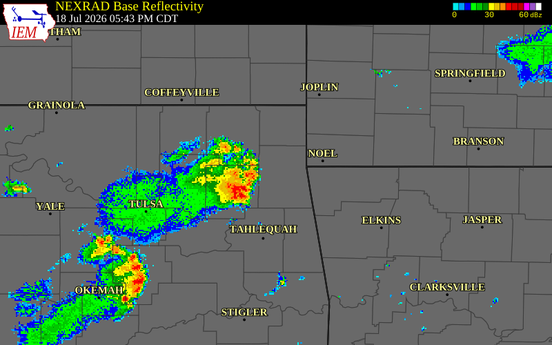 NEXRAD radar during the Saturday, July 18, 2026 storm activity in Mayes County, Oklahoma