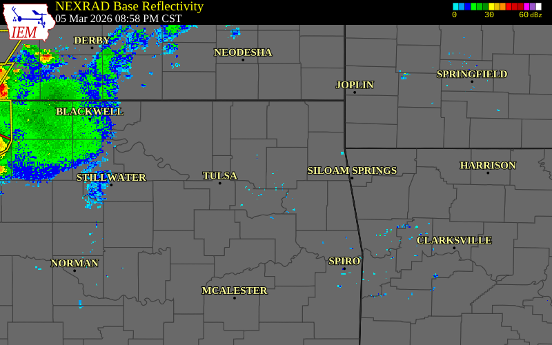 Radar snapshot during the Jul 10, 2026 wind event near Mazie, Mayes County, Oklahoma, with NWS warning polygons