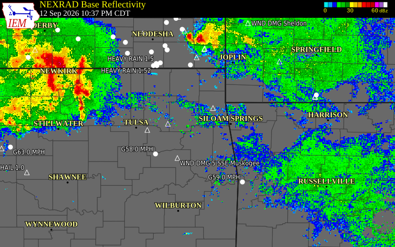 Current NEXRAD radar over Mayes County, Oklahoma with recent storm report locations