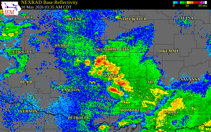 NEXRAD radar during the Sunday, May 10, 2026 storm activity in McClain County, Oklahoma