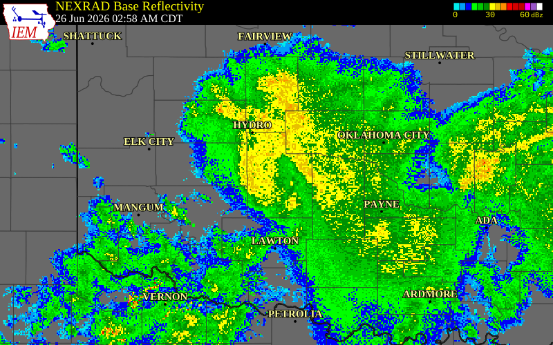 NEXRAD radar during the Friday, June 26, 2026 storm activity in McClain County, Oklahoma