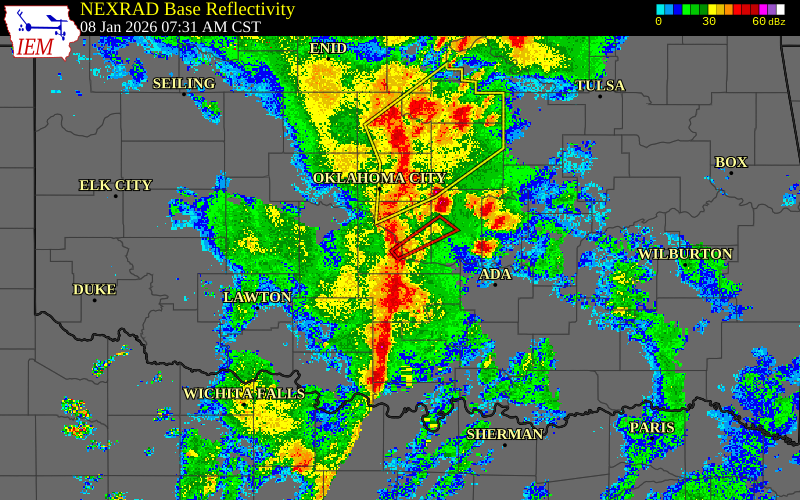Radar snapshot during the Jun 21, 2026 wind event near 2 ENE Criner, McClain County, Oklahoma, with NWS warning polygons
