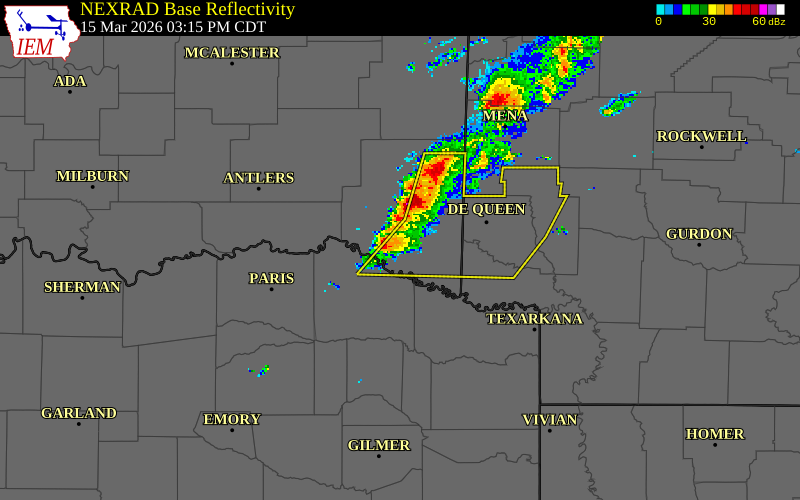 NEXRAD radar during the Sunday, March 15, 2026 storm activity in McCurtain County, Oklahoma