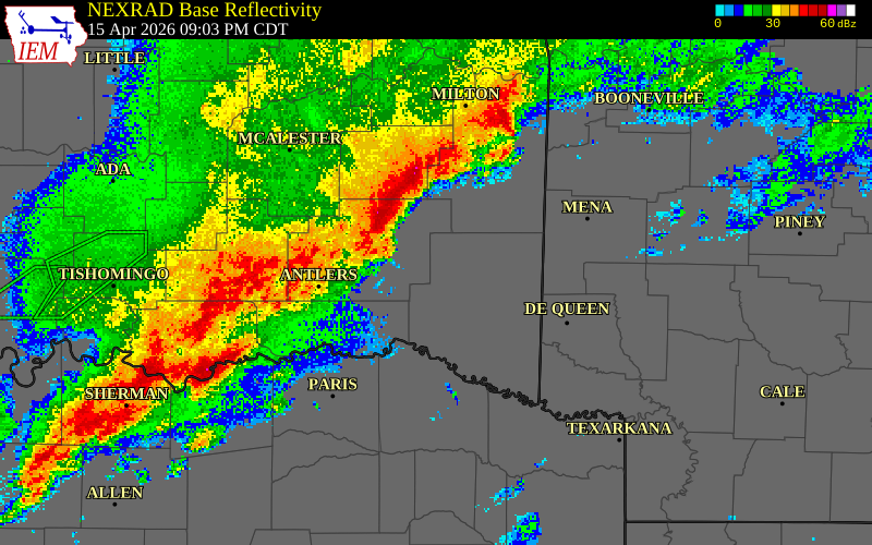 NEXRAD radar during the Wednesday, April 15, 2026 storm activity in McCurtain County, Oklahoma