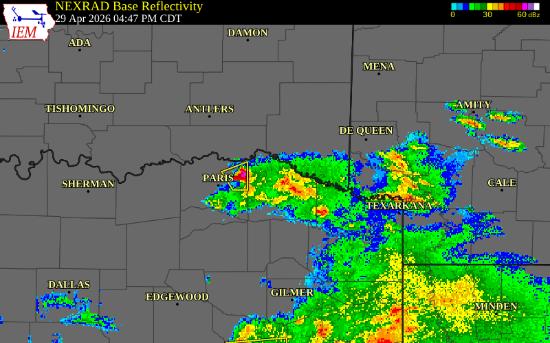 NEXRAD radar during the Wednesday, April 29, 2026 storm activity in McCurtain County, Oklahoma