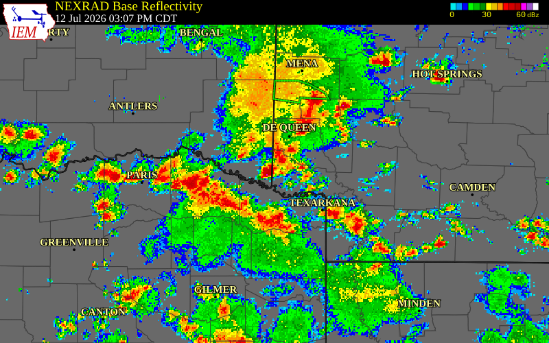 NEXRAD radar during the Sunday, July 12, 2026 storm activity in McCurtain County, Oklahoma
